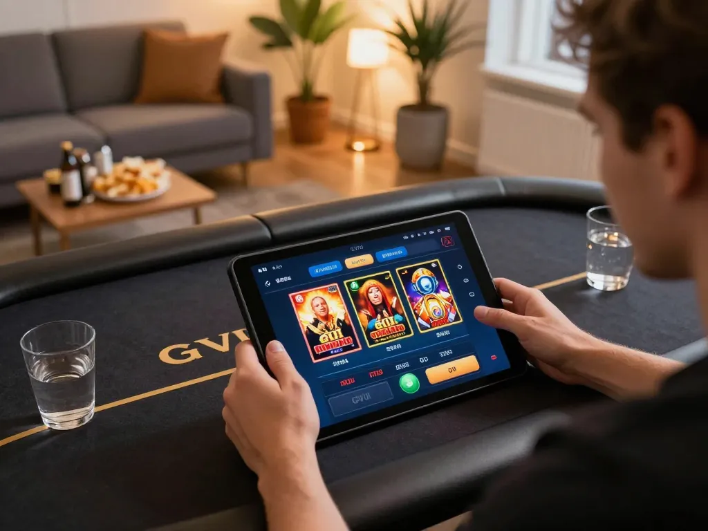Engaging online gaming session with GVUI interface showcasing slots and poker, highlighting user-friendly experience