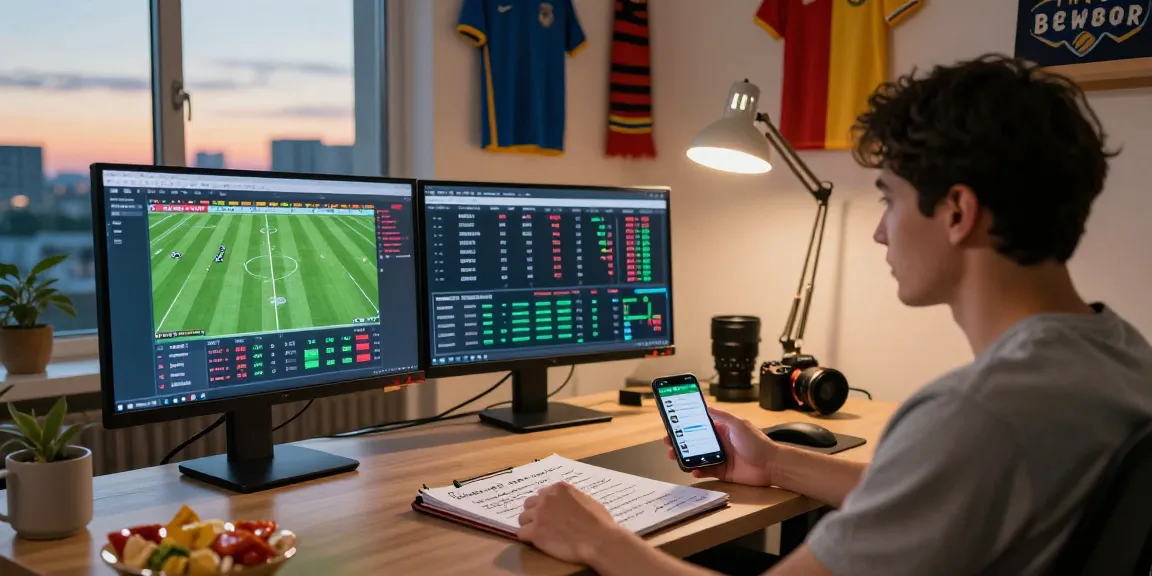 Engaged bettor analyzing tỷ lệ kèo nhà cái using multiple screens in a home office.