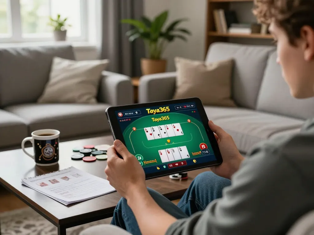 Taya365 online casino user engaging with dynamic poker game interface on tablet in cozy home setting.