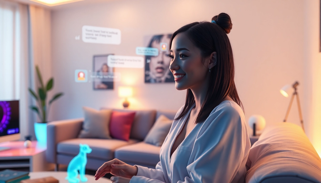 Engaging girlfriend AI experience with a virtual companion in a modern living room.