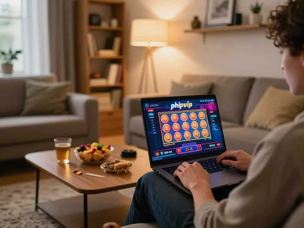 Engaged player using phpvip online casino on laptop in cozy living room setup.