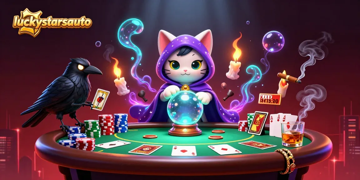 Engage with luckystarsauto's vibrant casino scene showcasing fortune teller, raven, and stylish gambling elements.