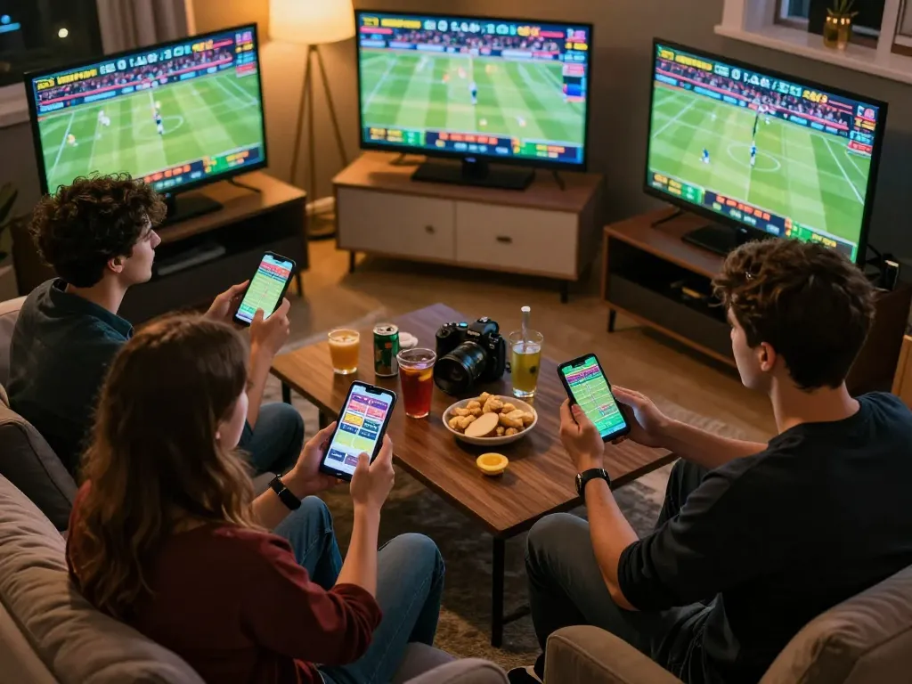 Engaged friends placing bets on sbobet during an intense sports viewing party, highlighting excitement.