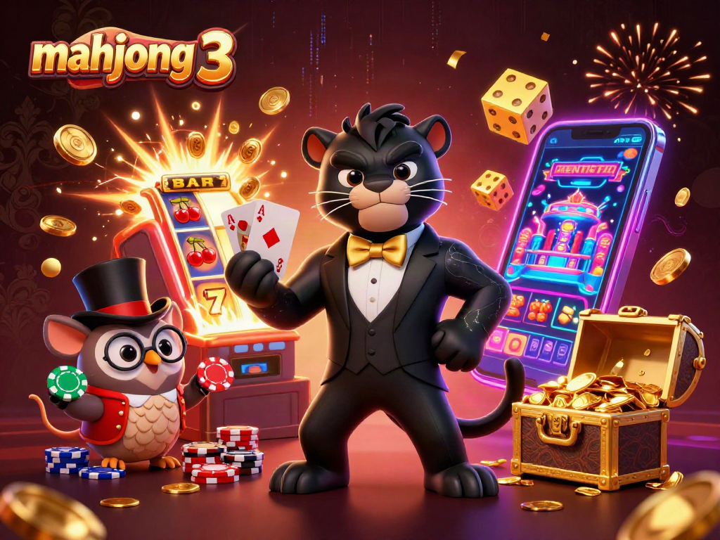 Enhance your game with mahjong 3, featuring a stylish panther, owl, and mouse amidst casino thrills.