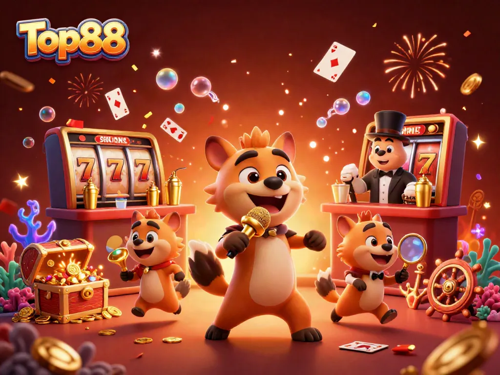 Engage with Top88's vibrant casino experience featuring lively hyenas in a colorful scene.