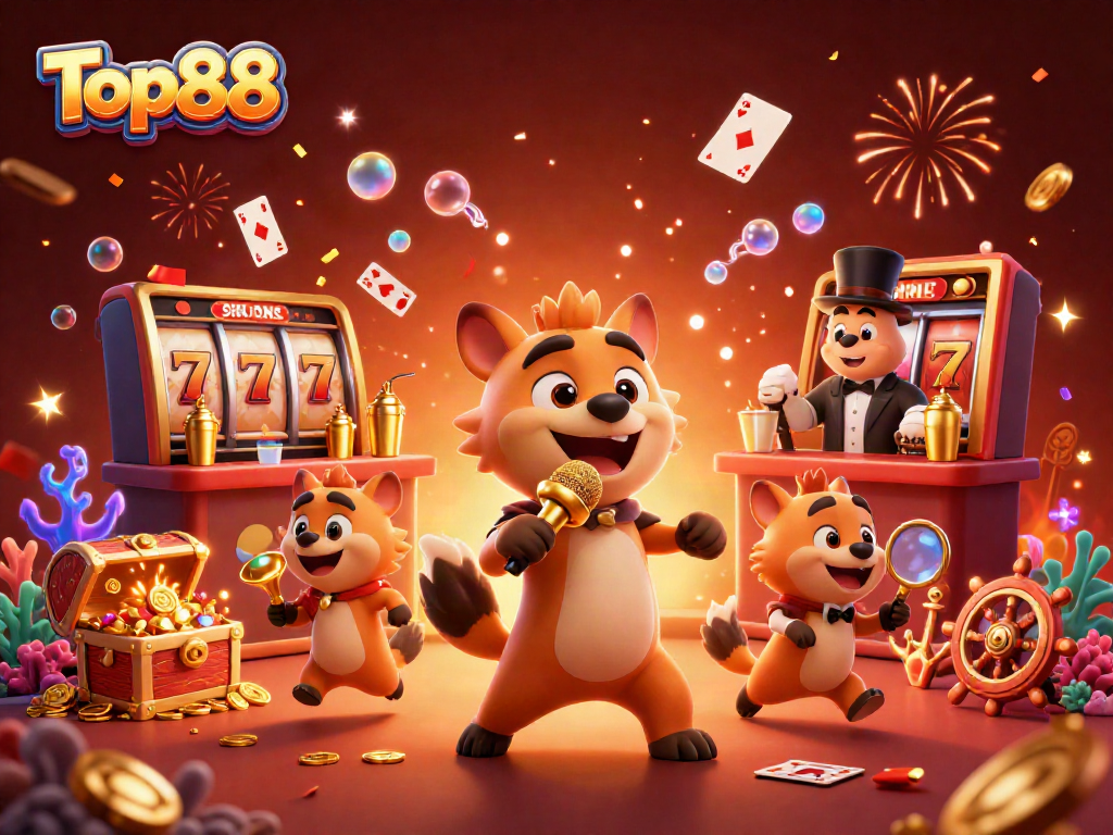 Engage with Top88's vibrant casino experience featuring lively hyenas in a colorful scene.