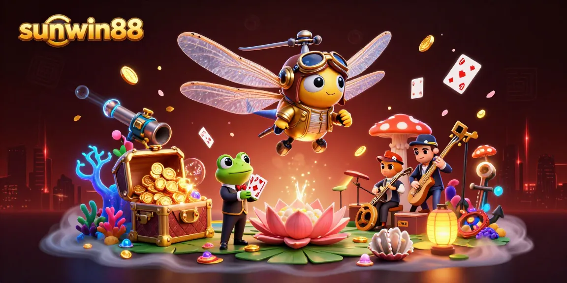 Experience excitement with sunwin88 as a dragonfly pilot and frog croupier engage in a vibrant casino scene.