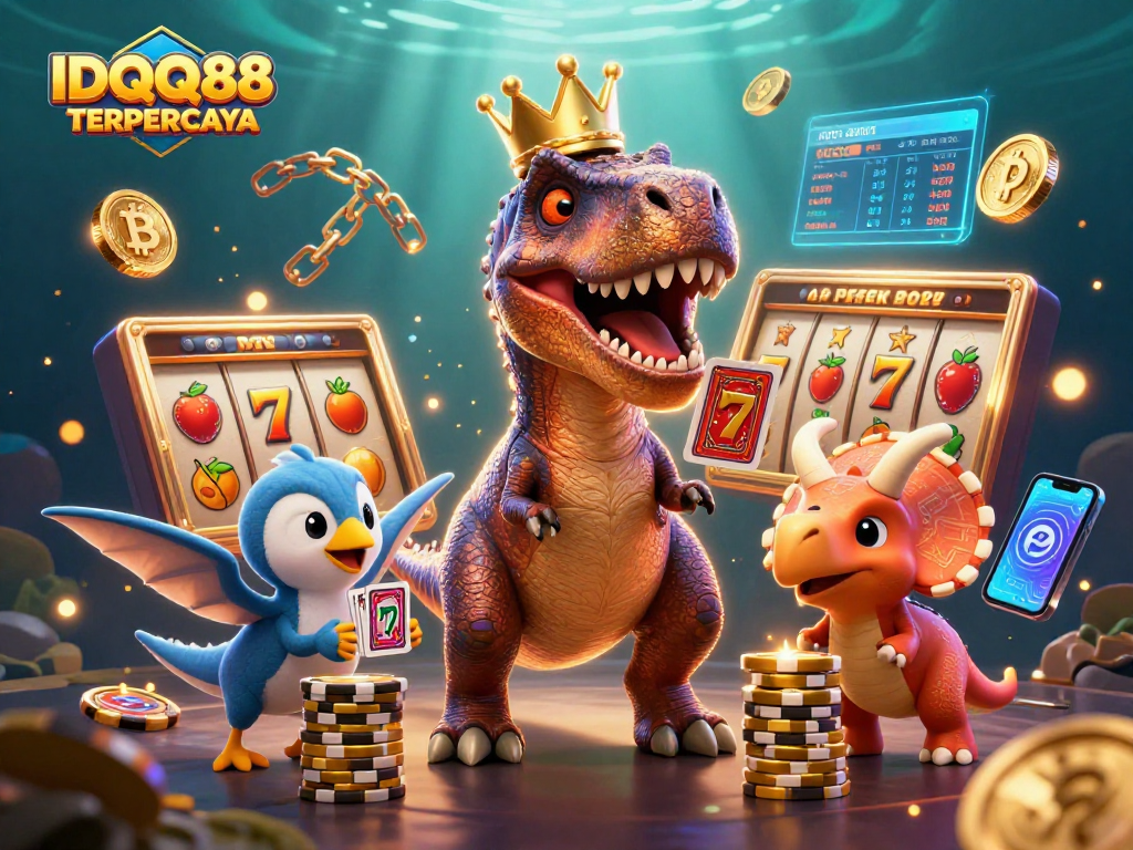 Experience thrilling slots and jackpots with IDQQ88 TERPERCAYA featuring fun characters in a vibrant casino scene.