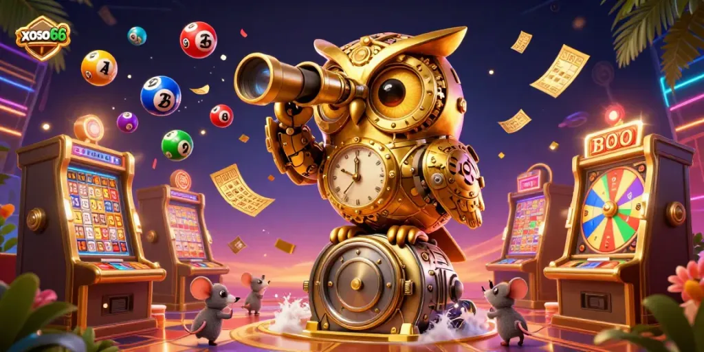 Xoso66 brings exciting gaming experiences with vibrant lottery balls and a charming golden owl mascot.