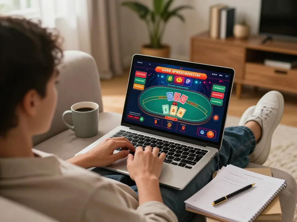 Engaging online gaming scene showing a player on vin 88 using laptop for live dealer gameplay.