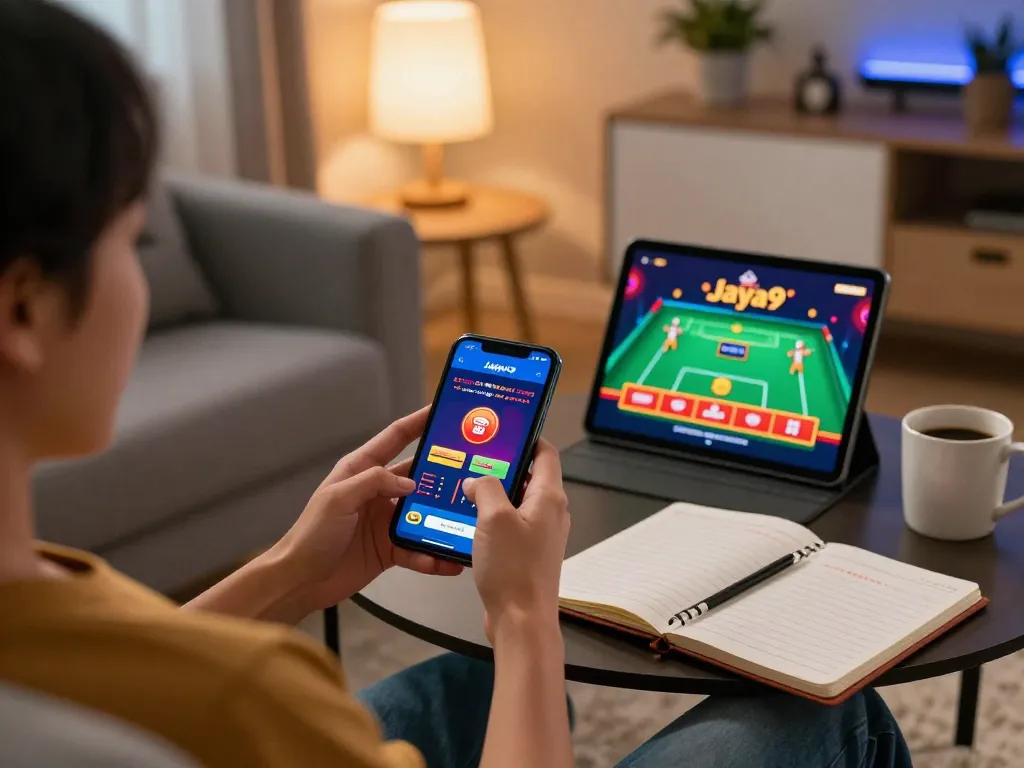 Engaging with the Jaya9 casino app on a smartphone in a cozy home setting, highlighting responsible gaming.