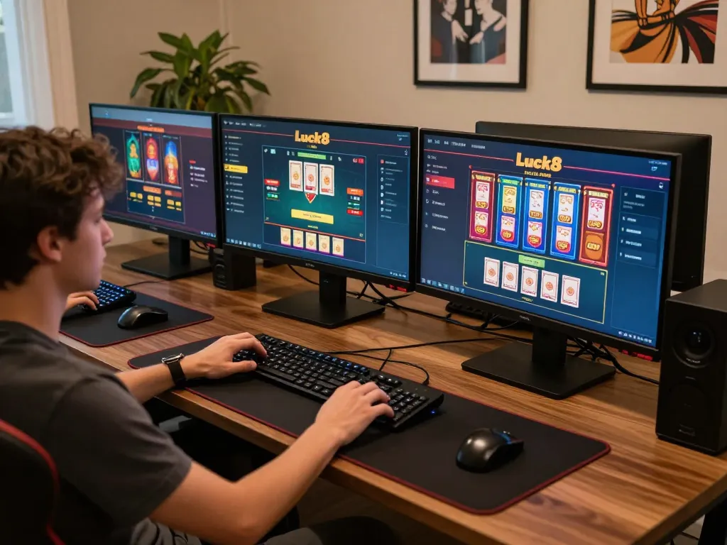 Engaging moment of a player enjoying luck8 online casino on multiple screens in a cozy gaming setup.