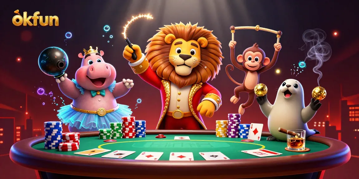 Experience the excitement of okfun’s casino games with vibrant 3D characters and poker elements.