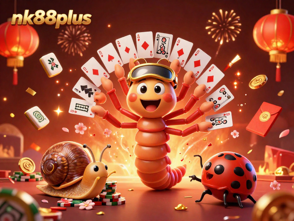 Experience excitement at nk88plus with a millipede dealer managing cards and a snail high-roller in a vibrant casino.