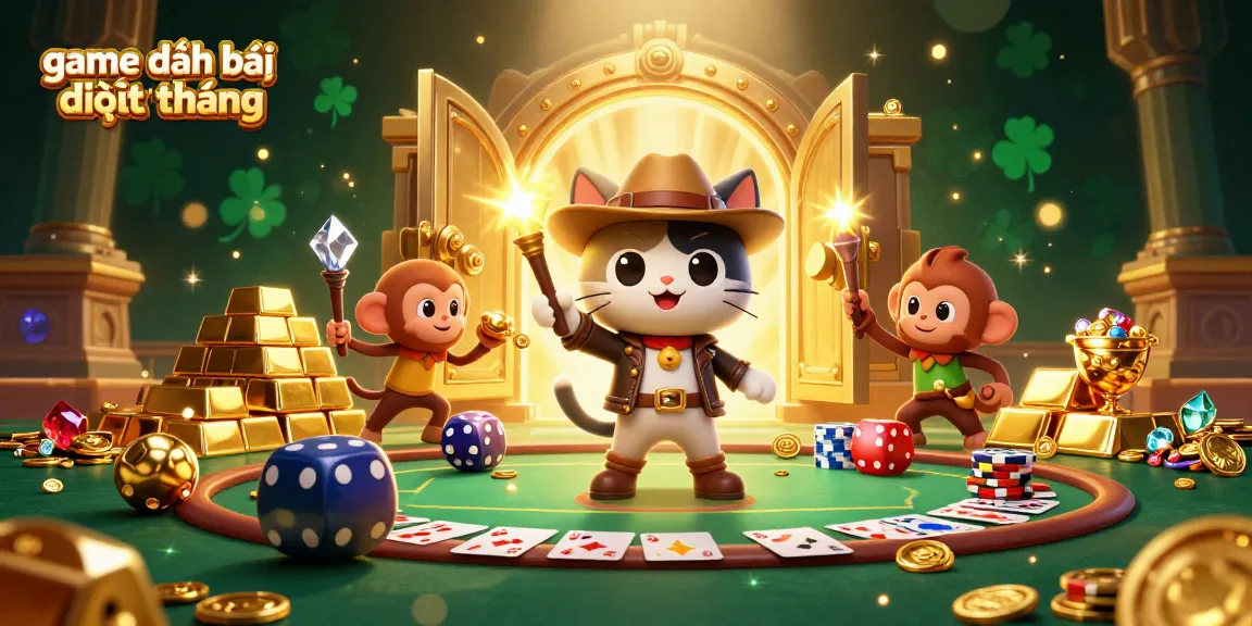 Engage in the exciting game đánh bài đổi thưởng with a playful cat and monkey uncovering treasures in a vibrant casino.