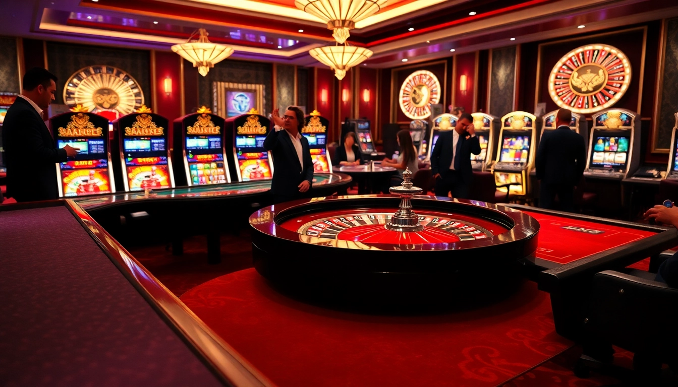 Experience the excitement of gambling at OK365 with a vibrant casino scene illustrating roulette and slot machines.
