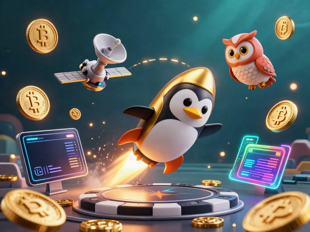 Bet on top88 with a penguin racing through a digital casino space, surrounded by crypto elements.