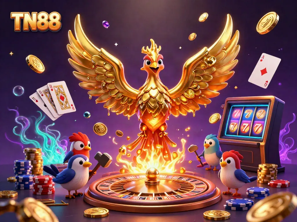 Engage your luck with TN88 at a vibrant online casino, featuring a golden phoenix and dynamic game elements.