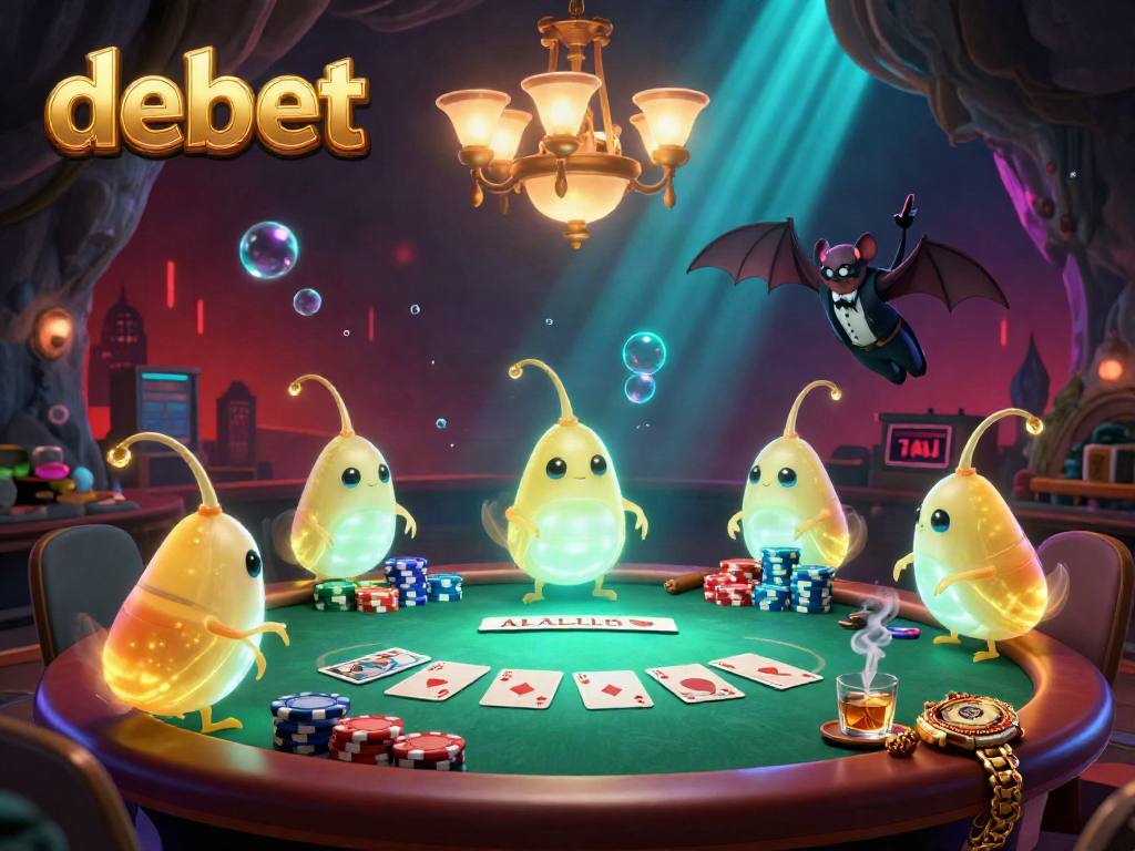 Experience debet's vibrant cave casino scene with glowworms illuminating a poker table and bat dealer.