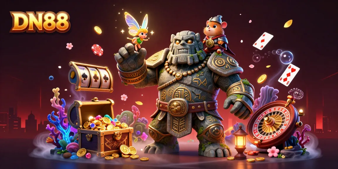 Experience thrilling gameplay with DN88 featuring a magical golem guardian and casino elements.