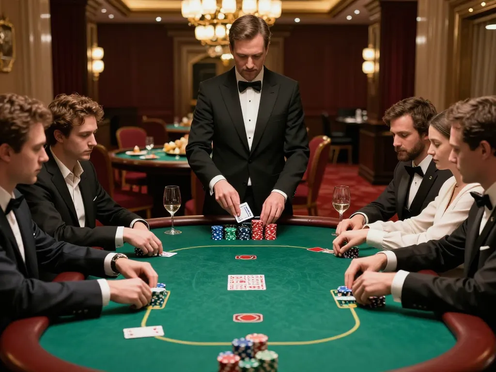 Players engage in a strategic poker game at 98wincom casino table, showcasing chips and cards.