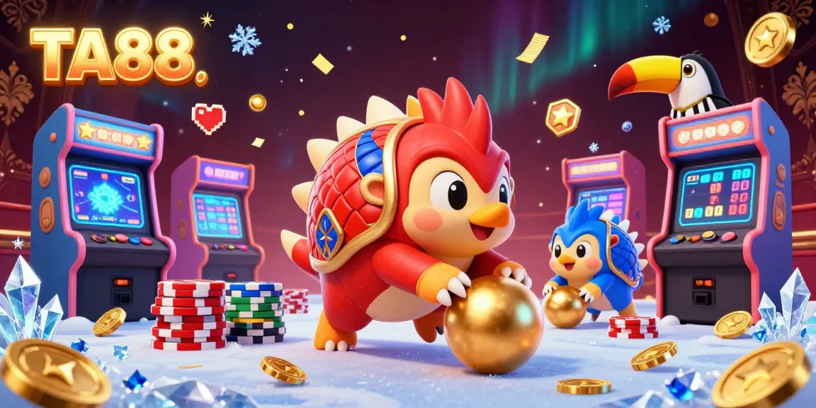 TA88 pangolins compete in a vibrant 3D casino scene with poker chips and arcade games.