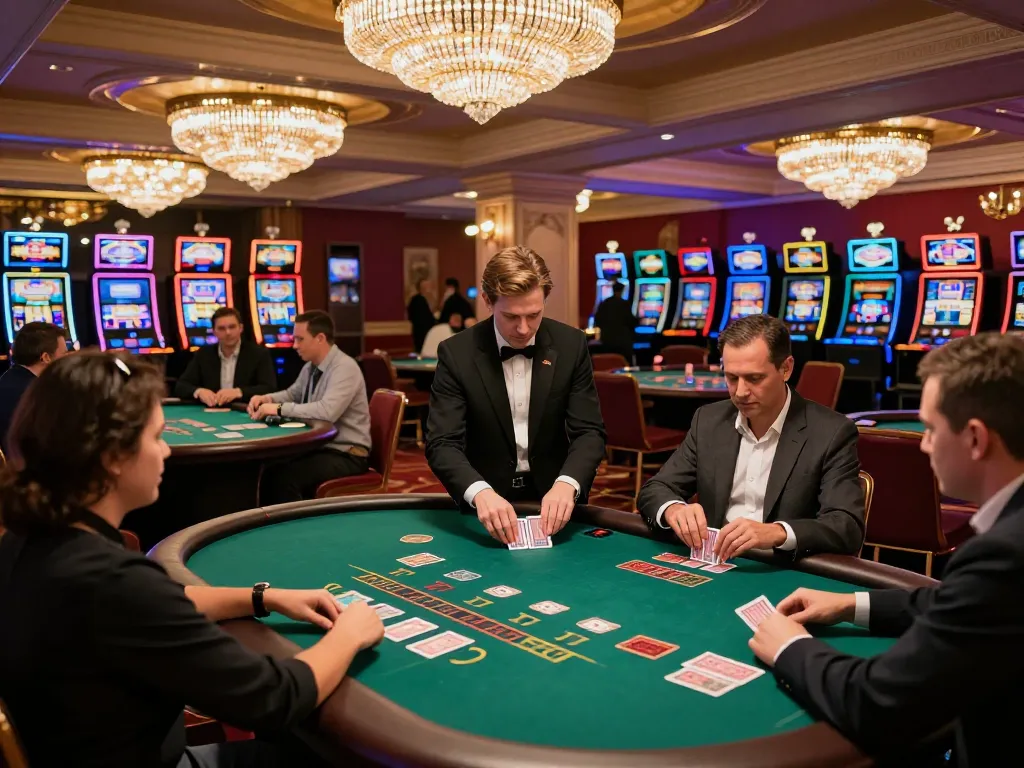 Action at the casino mb66 with intense blackjack gameplay, showcasing players and vibrant atmosphere.