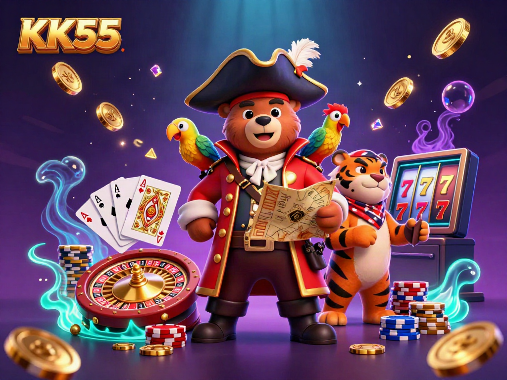 Join the thrilling action at KK55 as colorful treasure and casino elements surround adventurous characters.