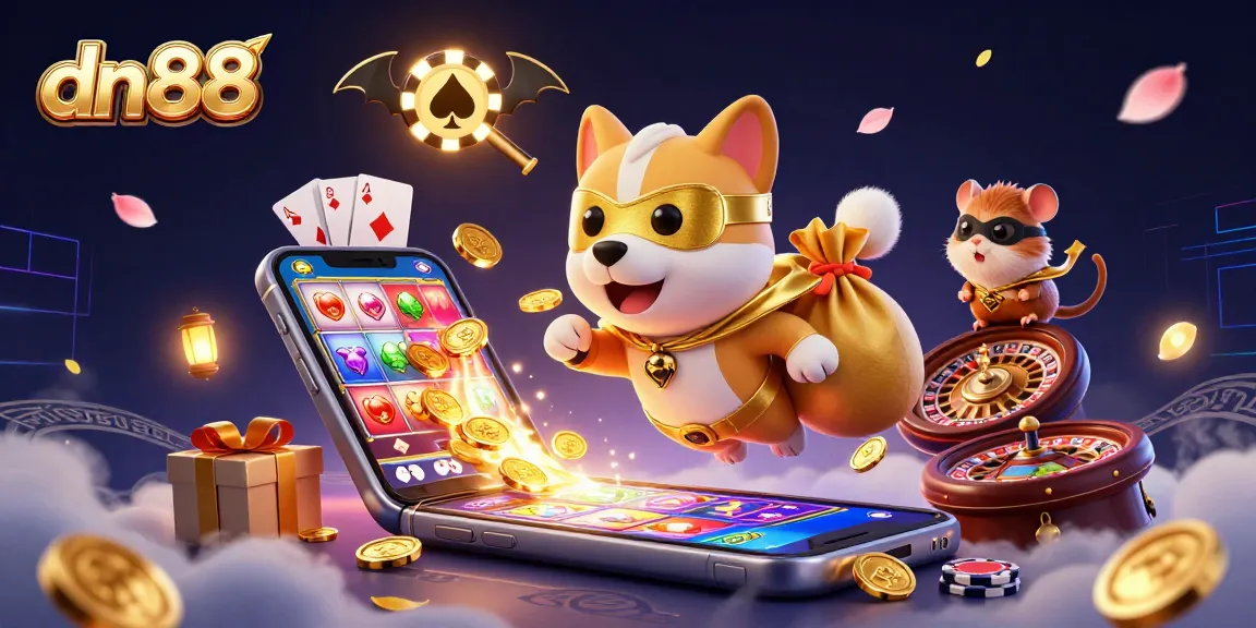 Win exciting rewards playing at dn88, with a superhero dog and hamster amidst casino-themed elements in vibrant 3D.