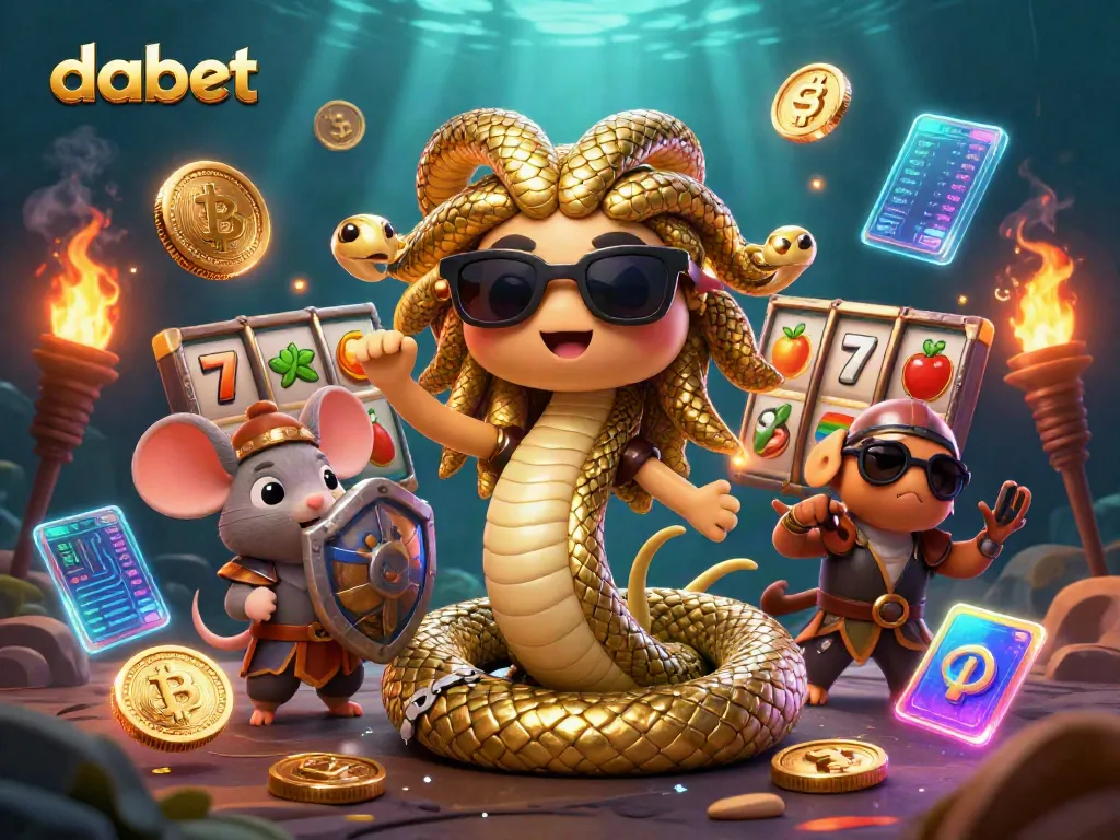 Dabet online casino scene with Medusa and a warrior mouse showcasing slots, jackpots, and cryptocurrencies.