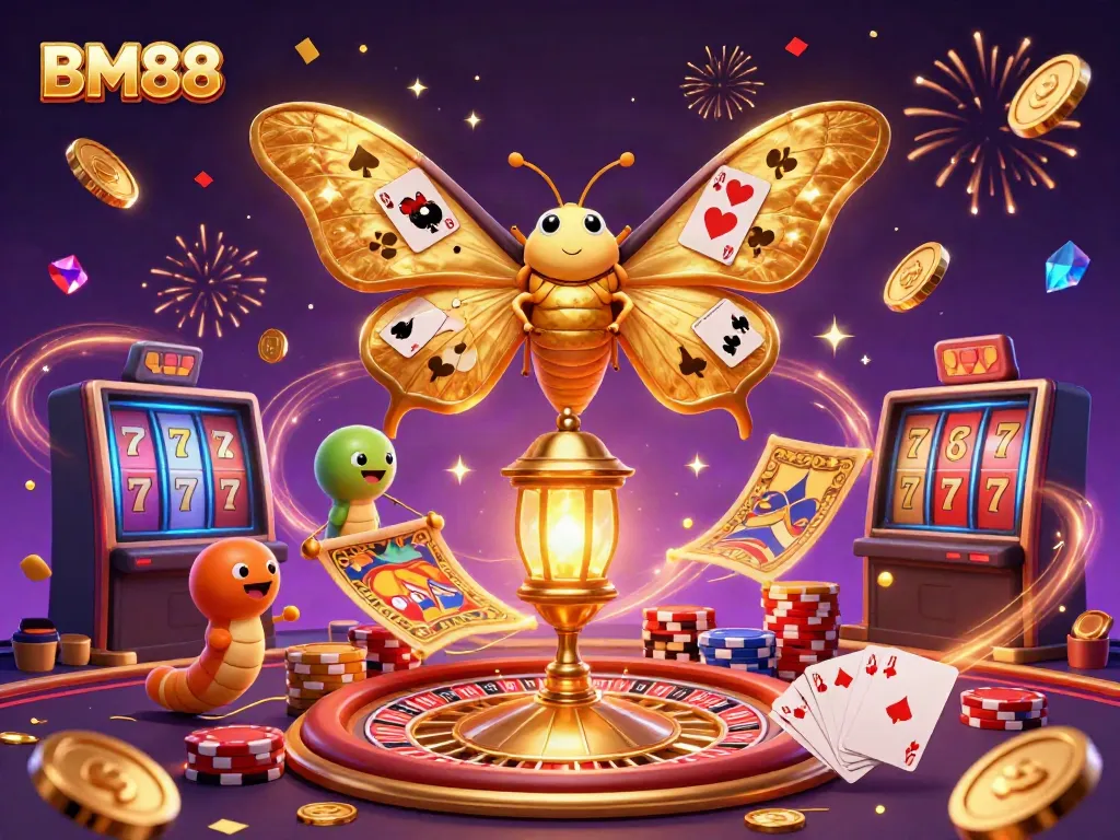 Experience thrilling gameplay at BM88 with enchanting motifs of gambling, showcasing a vibrant illustration fostering excitement.