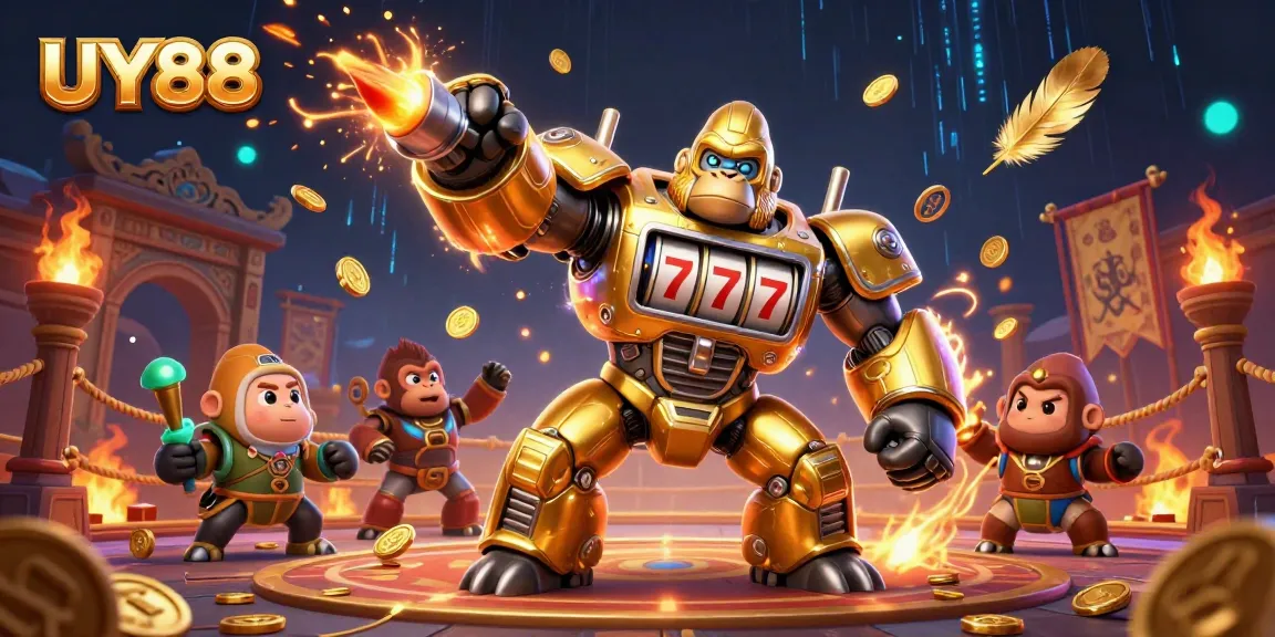 Witness the exciting UY88 gameplay with a golden gorilla mech and dynamic casino elements.
