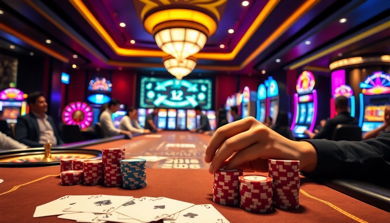 Play poker at LC88 with luxurious chips and cards in a vibrant casino atmosphere.