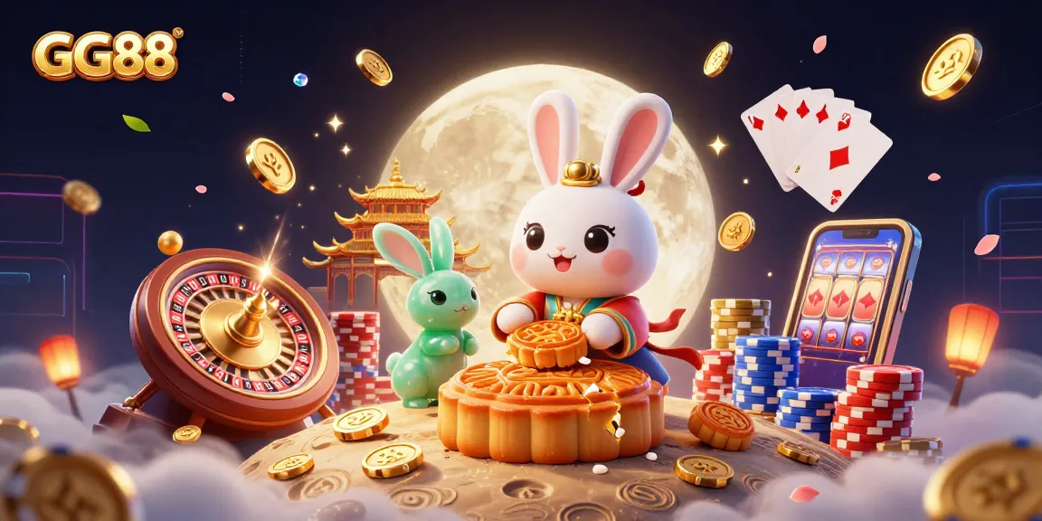 Experience GG88's vibrant fantasy realm with moon rabbits, poker chips, and slot machine visuals.