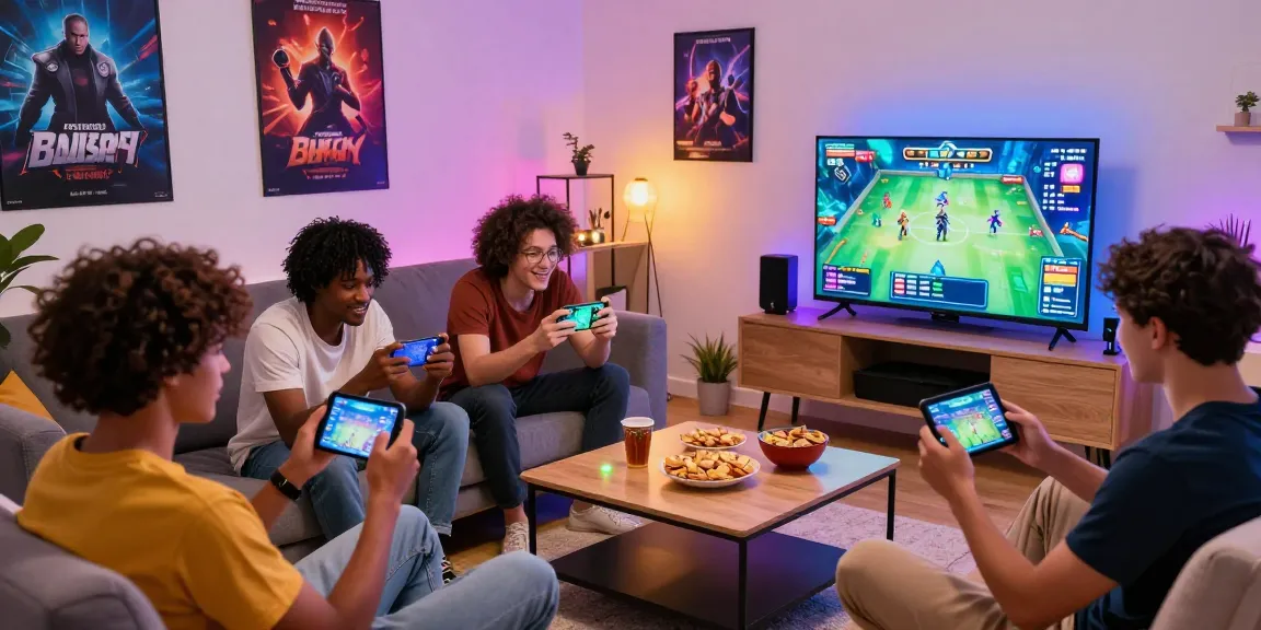 Teman-teman bersenang-senang bermain 68 game bài di ruang tamu yang modern dan cerah.