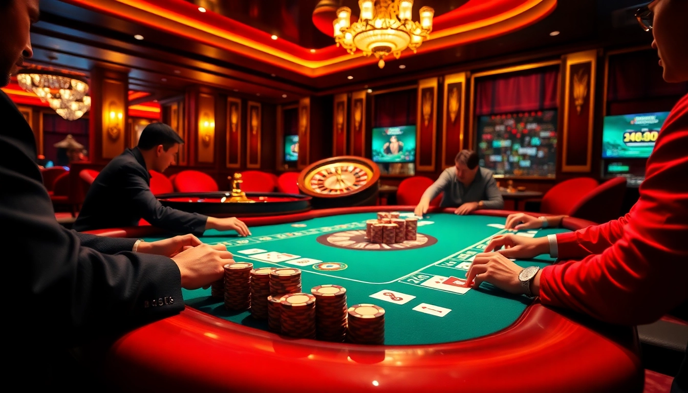 Players enjoying an exciting poker game at MM88 casino, surrounded by rich colors and ambiance.