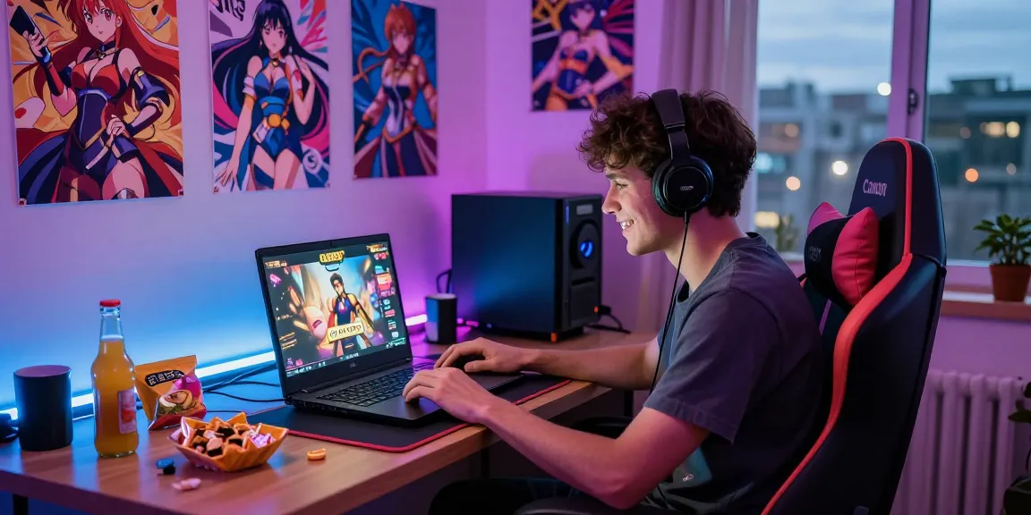 Gamer immersed in free hentai games on laptop in cozy room with vibrant colors.
