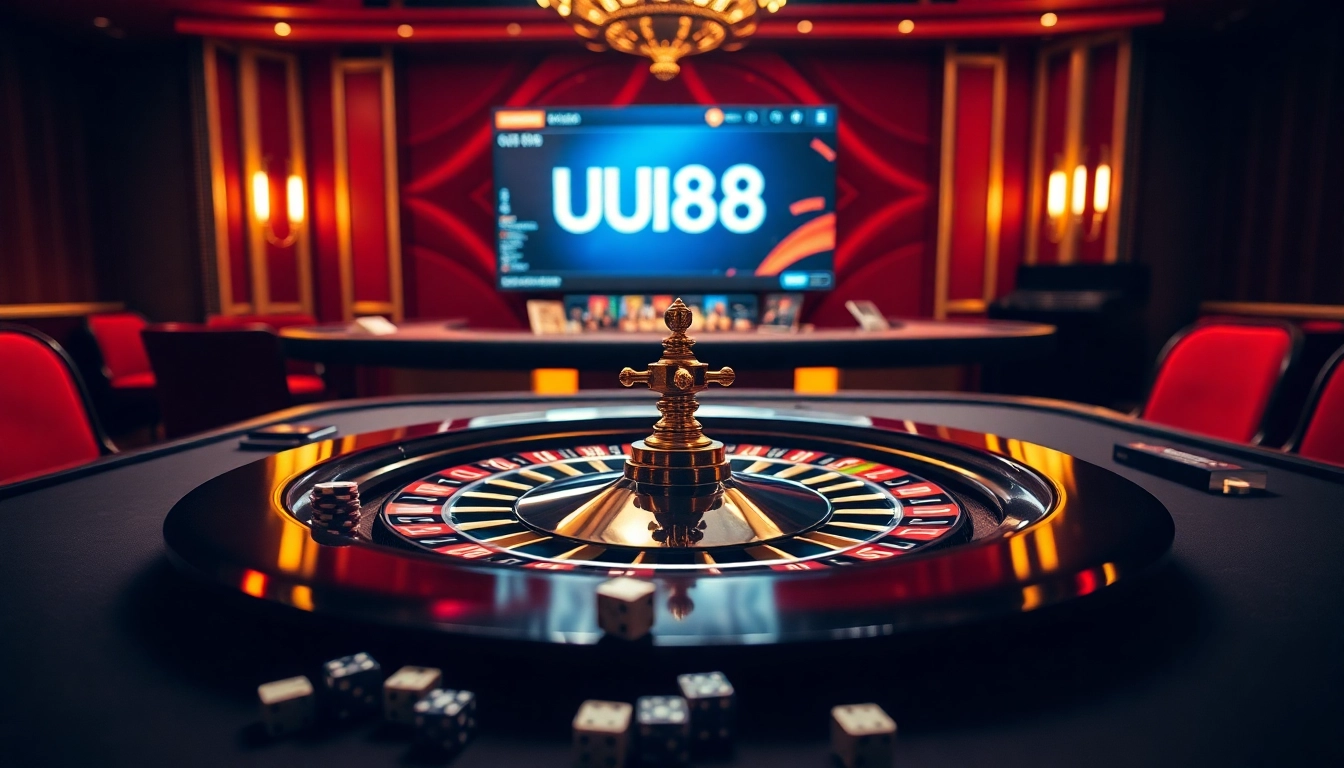 Experience thrilling gameplay with UU88 at a luxurious casino table featuring roulette and poker chips.