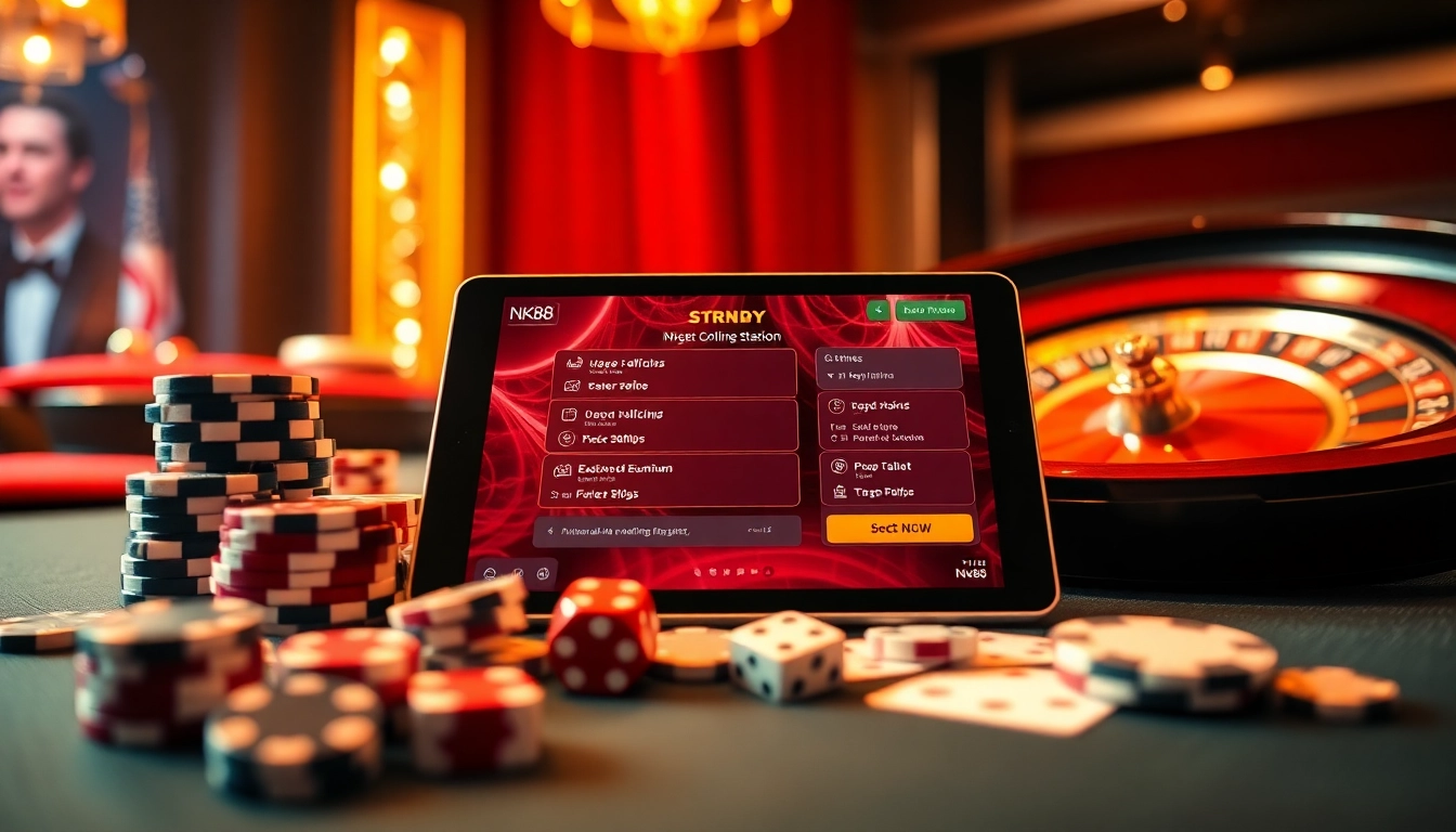 NK88 online gaming interface surrounded by vibrant casino elements like poker chips and dice.