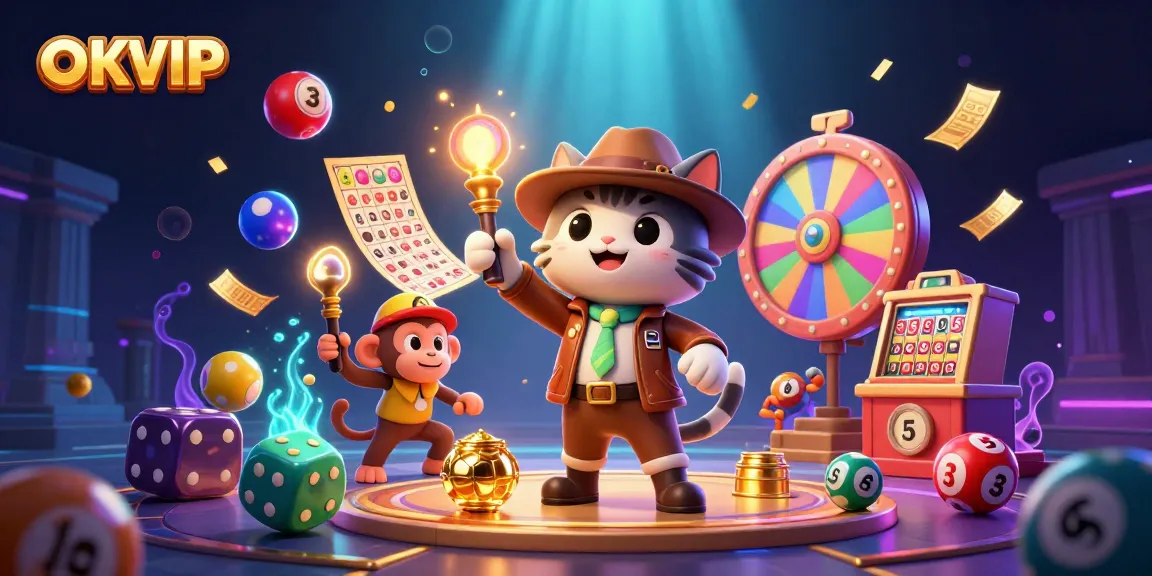 Engage in the thrilling world of OKVIP as the cartoon cat archaeologist uncovers golden treasures amidst colorful gaming elements.