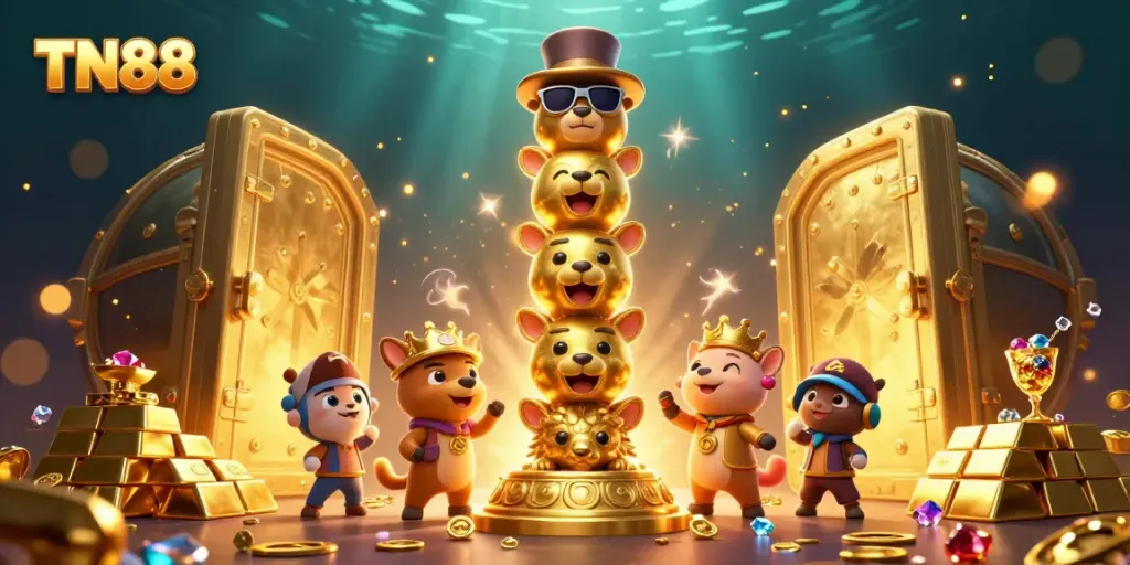 Engage with TN88's dynamic casino experience amidst gold treasures and animated charms.
