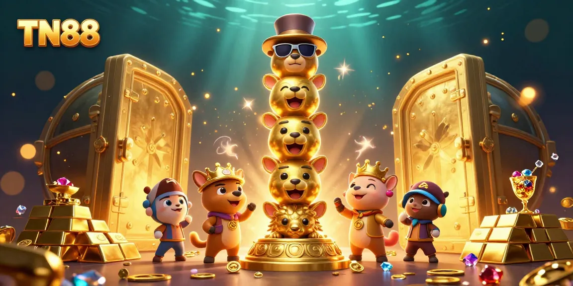 Engage with TN88's dynamic casino experience amidst gold treasures and animated charms.