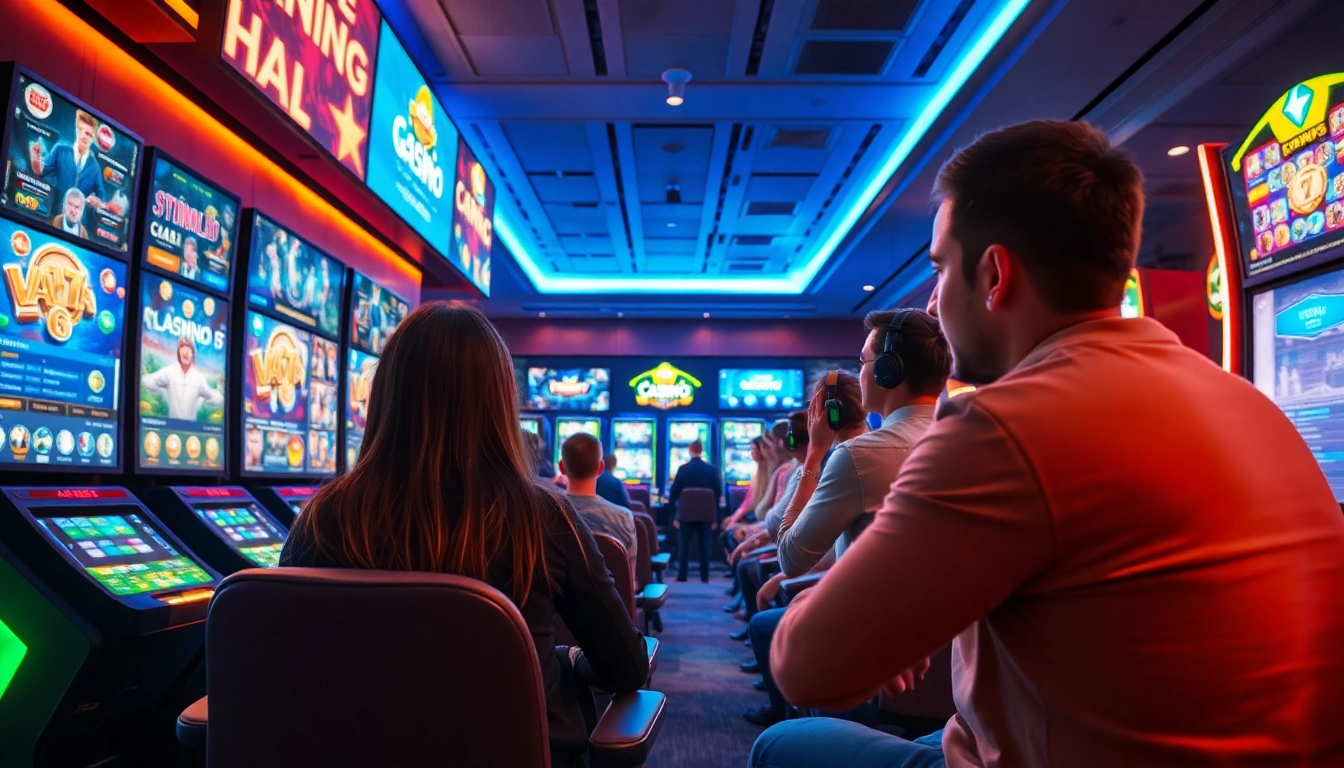 Players immersed in the exciting 8 day online gaming experience in a modern casino lounge.