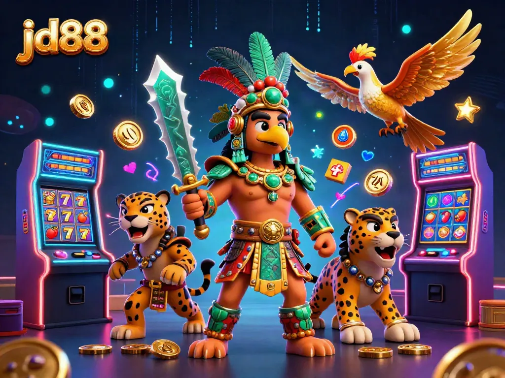 Spinning the jackpot in JD88 with vibrant slot machines and Aztec warriors.