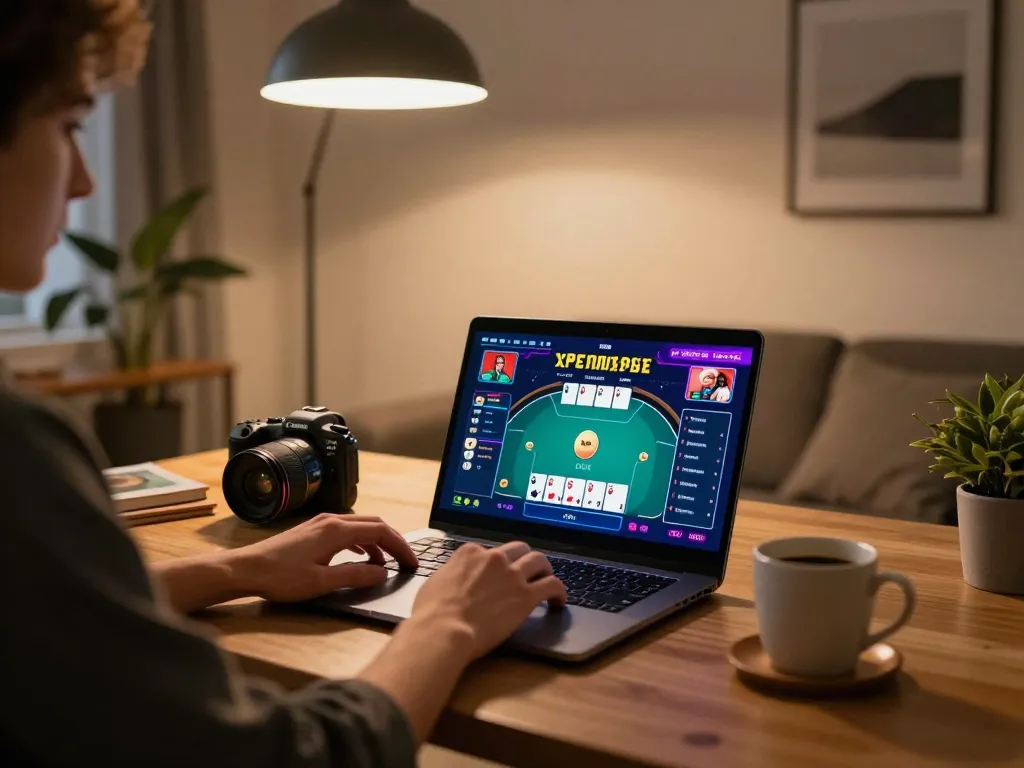 Engaging in online gaming at home, showcasing Trang chủ Fly88 poker interface on laptop