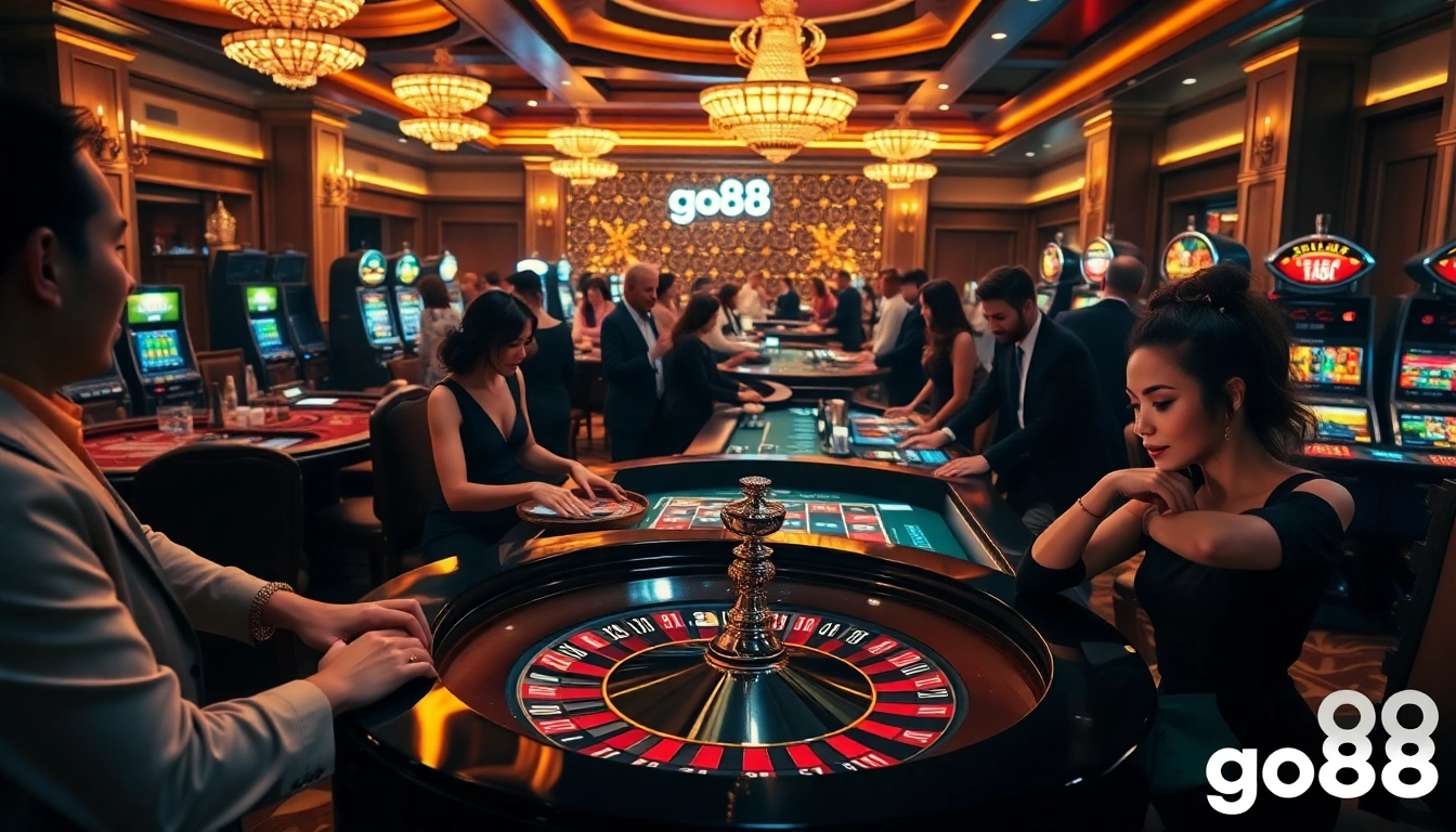 Players celebrating wins at go88's casino tables with roulette and poker chips.