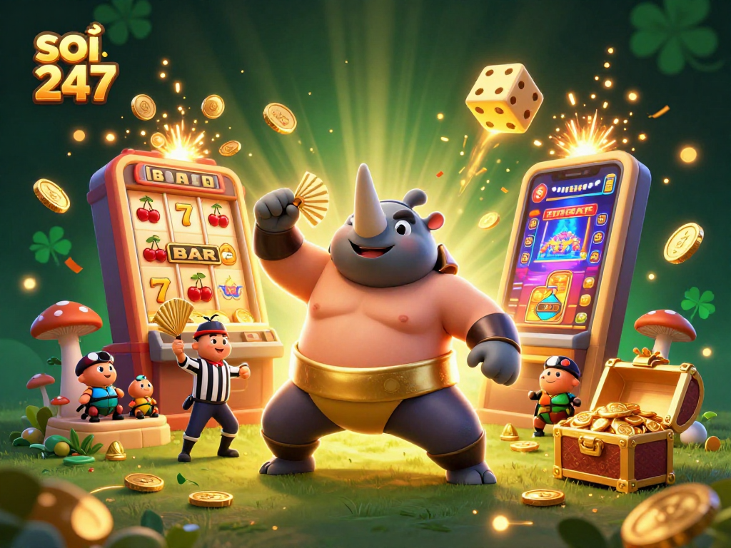 Soi cầu 247 visualization with a sumo champion rhinoceros beetle in a vibrant casino scene