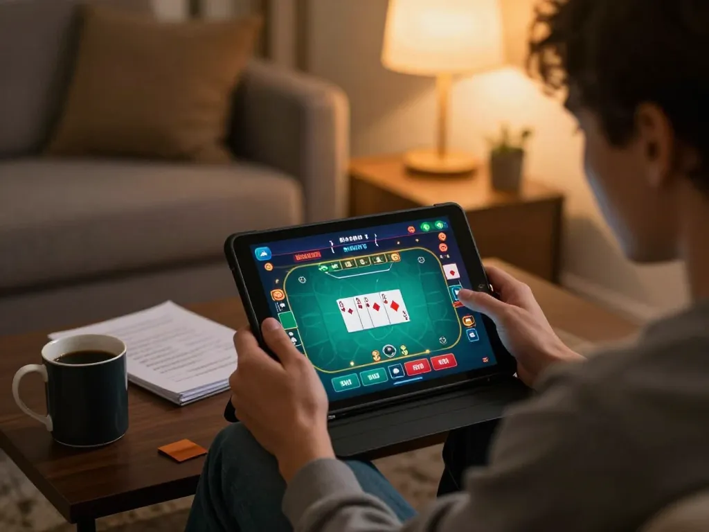 shbet user enjoying online poker from home, focused on tablet gameplay strategy