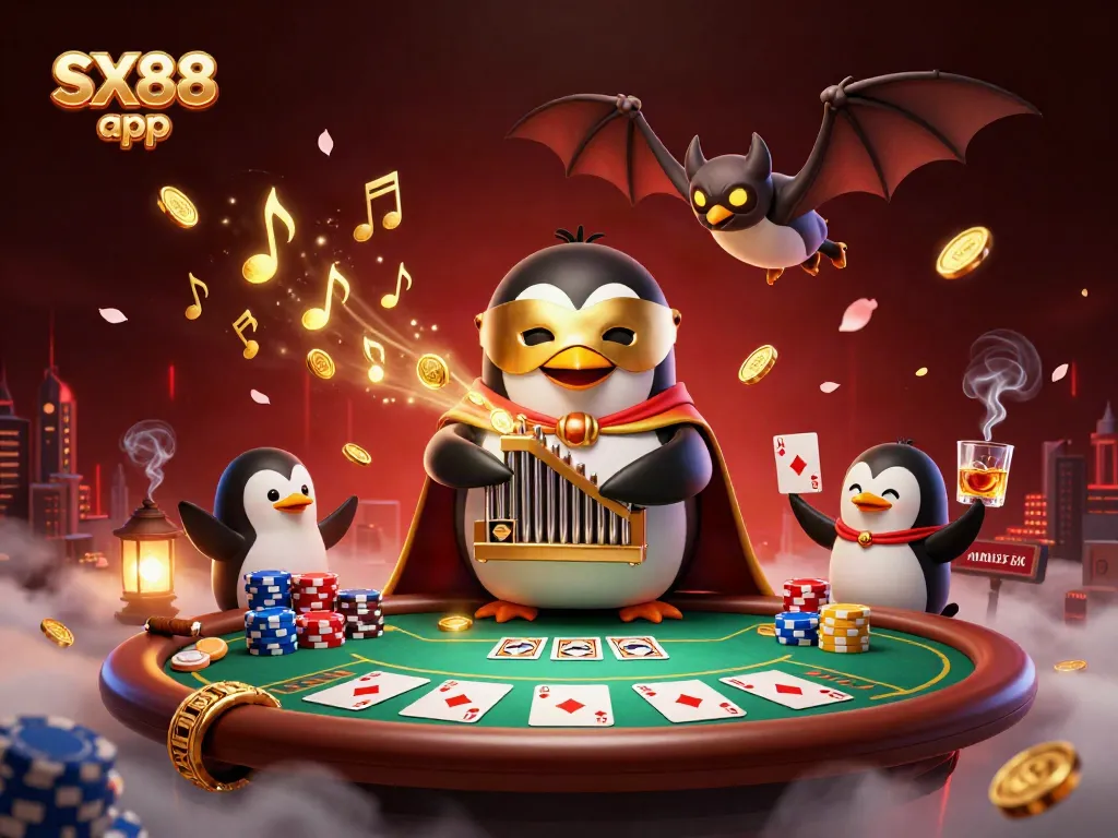 Experience the thrill of SX88 app with a lively casino scene featuring dynamic characters and vibrant gaming elements.