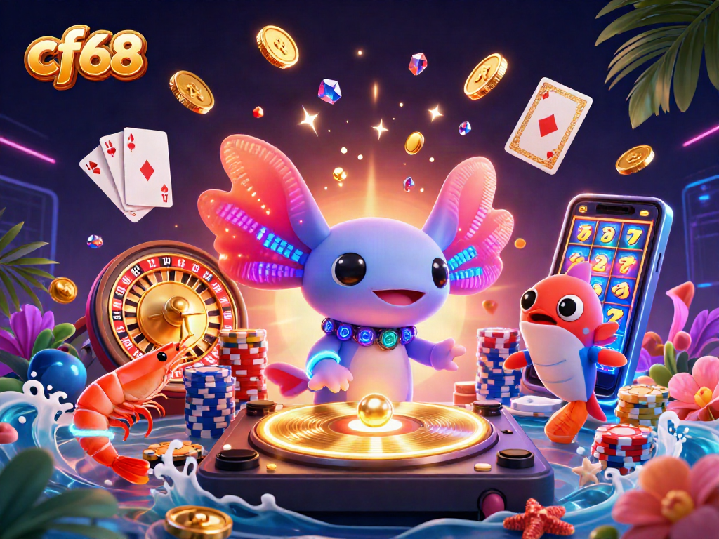 Experience the excitement of cf68 with a neon casino scene featuring a DJ and vibrant gameplay elements.